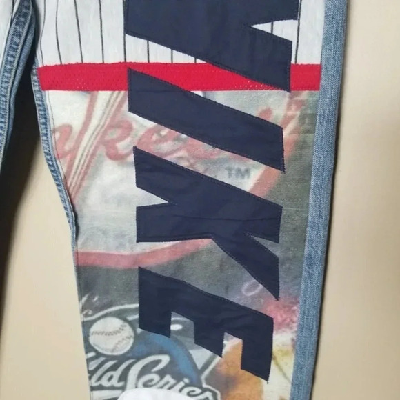 Levi's Low Rise Straight Patchwork Yankees  Baseball Nike White Red NY 34 - Picture 12 of 13